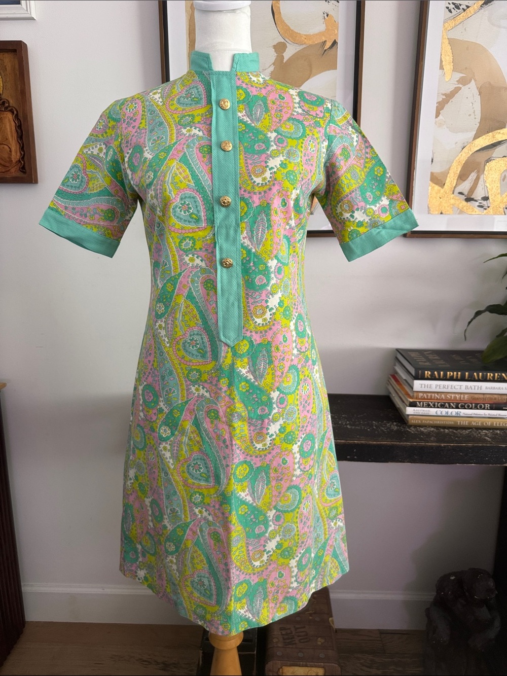 1960 pastel paisley shift dress light teal green pink  button placket